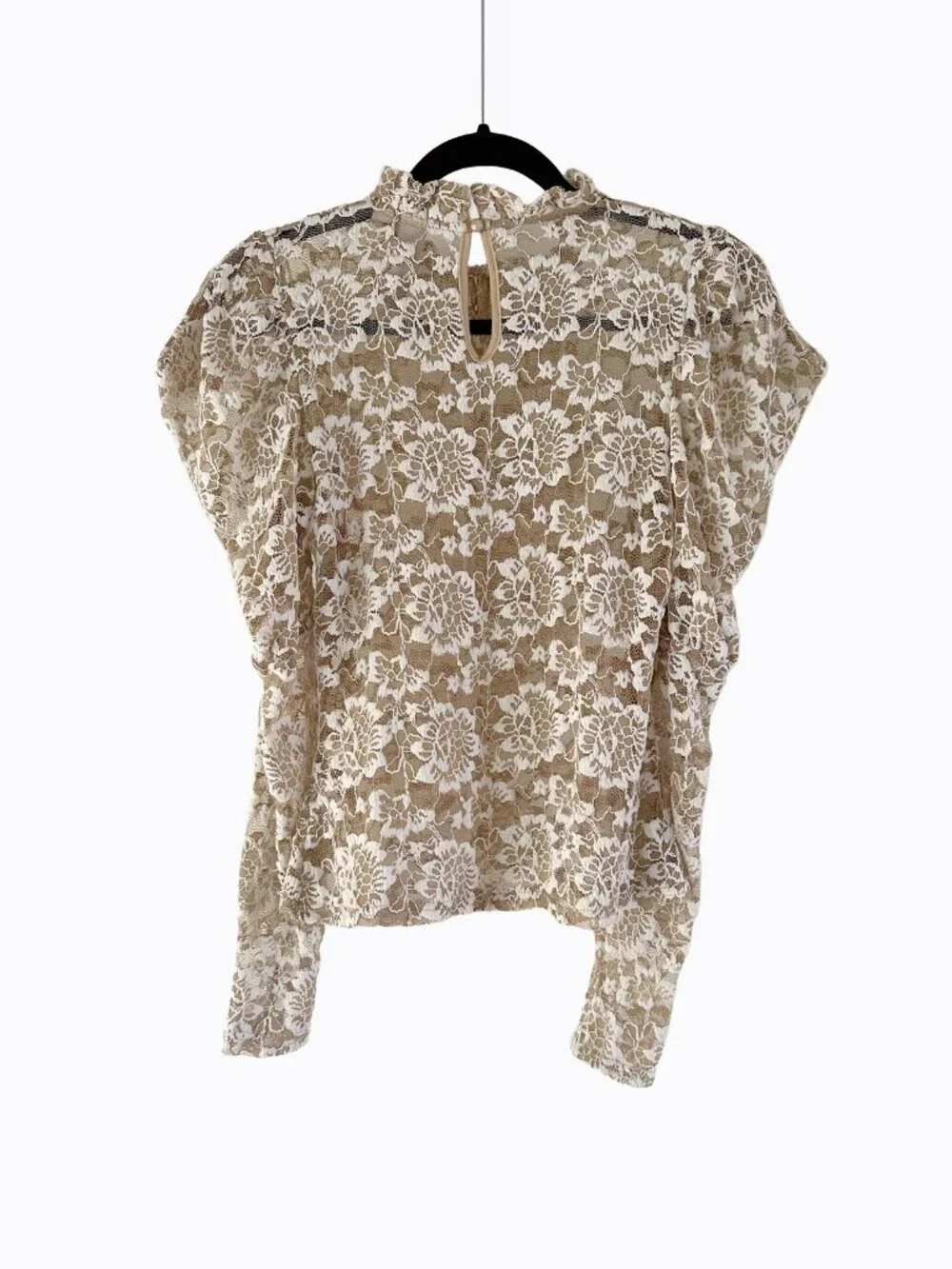 Anthropologie Dolan Ivory Sheer Floral Lace Mock Neck Puff Sleeve Blouse XS Boho